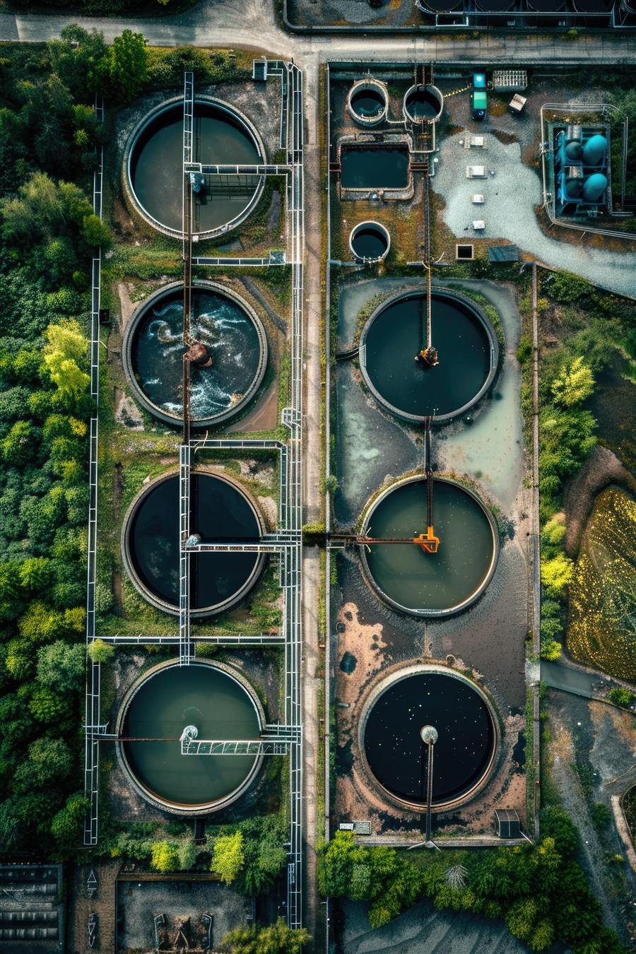 Vista aérea de tanques de estação de tratamento