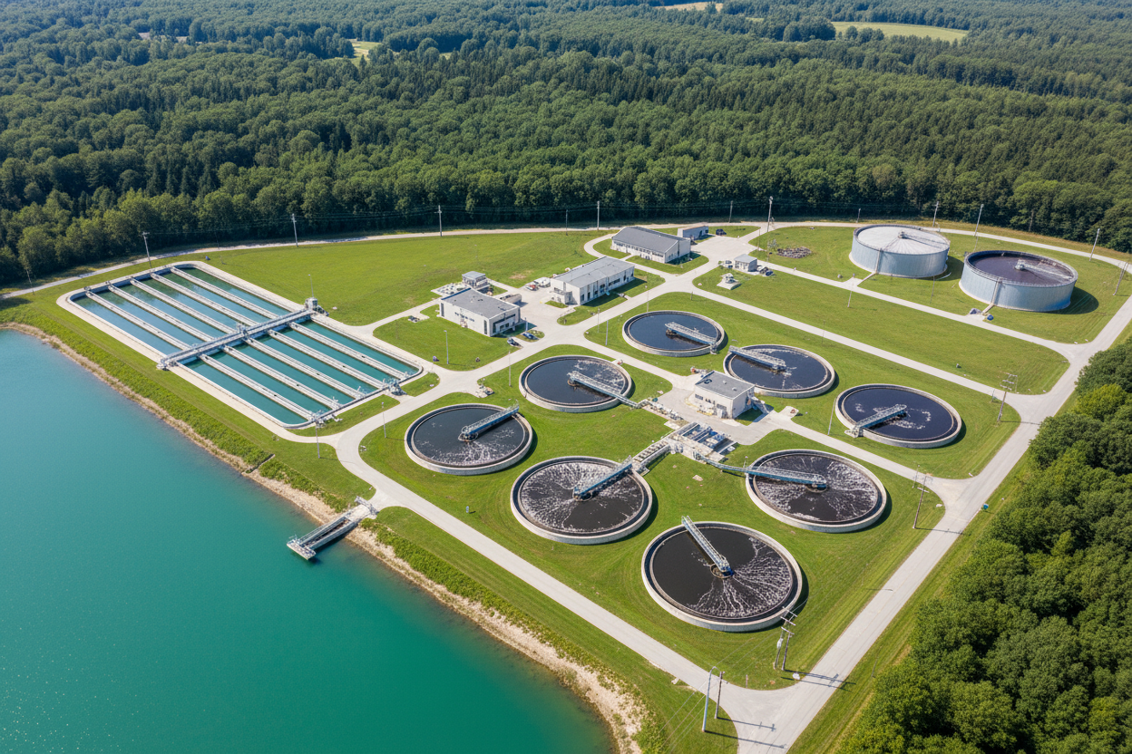 Foto aérea (drone) hiper-realista de uma estação de tratamento de água/efluentes, ângulo alto oblíquo (~40°), dia claro. Layout igual ao anexo: lago no canto inferior esquerdo; tanques retangulares longos com passarelas à esquerda; vários decantadores circulares no centro/parte inferior; tanques circulares grandes no topo direito; prédios baixos no topo central; vias internas claras, gramado, postes; mata densa ao redor. Cores naturais, alta nitidez. Sem pessoas, textos, logos, watermark.