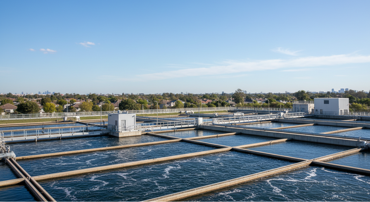 Foto realista, alta resolução, horizontal 16:9. No 1/3 inferior da imagem, mostrar um grande reservatório de água ou pequena estação de tratamento de água, com cidade ou bairro levemente desfocado ao fundo, bem na linha do horizonte. Os 2/3 superiores devem ser só céu azul e uniforme, com poucas nuvens, para receber texto em branco sobreposto. Estilo institucional, limpo, sem pessoas em destaque, sem textos e sem logotipos.