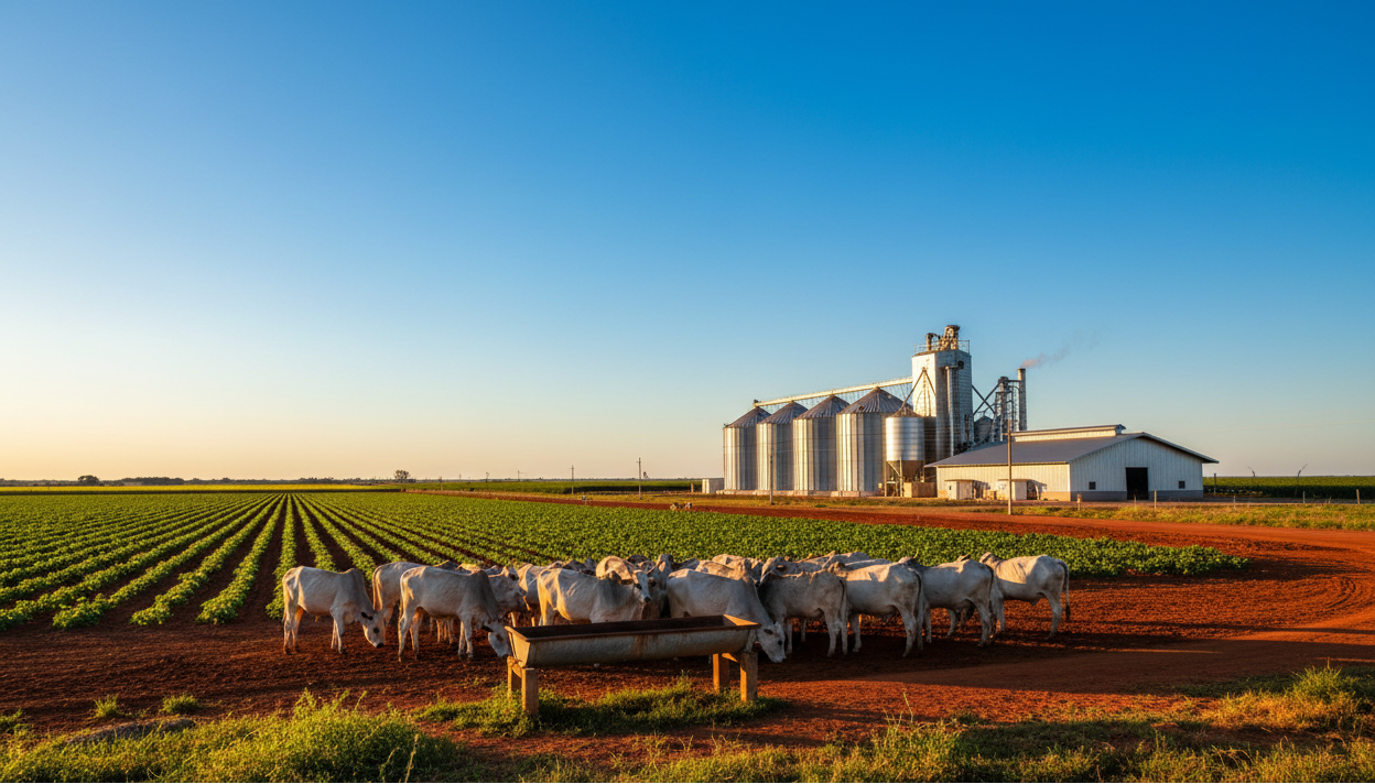 Foto realista, alta resolução, horizontal 16:9. No 1/3 inferior da imagem, mostrar uma cena combinando agro e indústria no Brasil: campo ou fazenda com animais e bebedouro em primeiro plano, e silos ou uma pequena planta de processamento de alimentos mais ao fundo. Os 2/3 superiores da imagem devem ser preenchidos por um céu amplo, bem azul e uniforme, criando área livre para um título branco. Estilo banco de imagens agroindustrial, organizado, sem textos e sem logotipos.