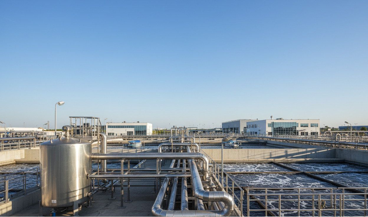 Foto realista, alta resolução, horizontal 16:9. Vista externa de uma planta de tratamento de efluentes ou indústria limpa e moderna. Estruturas e tubulações de aço inox principalmente na faixa inferior da imagem, e um grande céu azul uniforme ocupando a maior parte da parte superior e laterais, criando bastante espaço negativo para colocar textos centralizados. Estilo banco de imagens corporativo, sem pessoas em destaque, sem textos, sem logotipos.